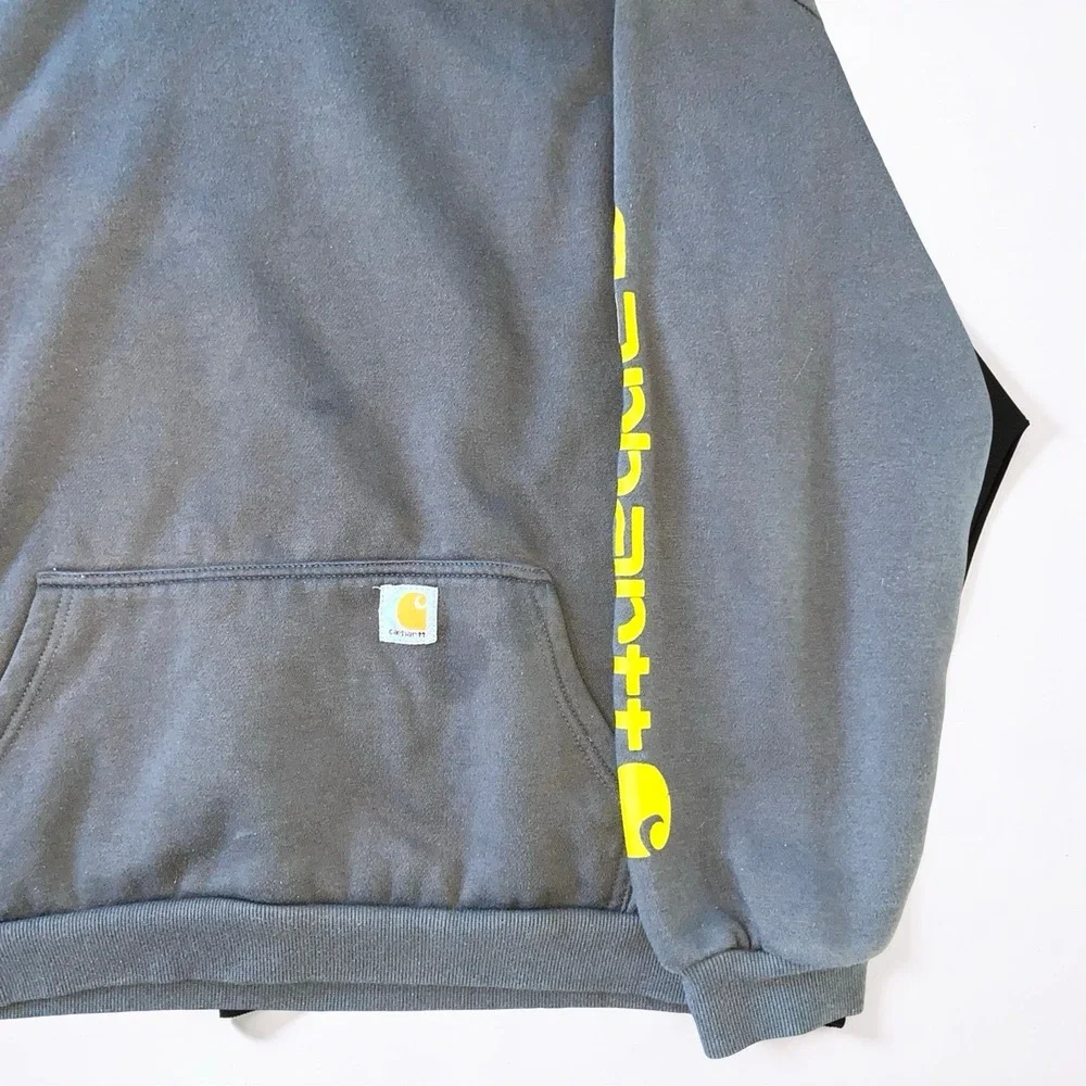 Carhartt WIP Mens L Gray Pullover Hoodie Yellow Sleeve Logo Workwear Hoodie